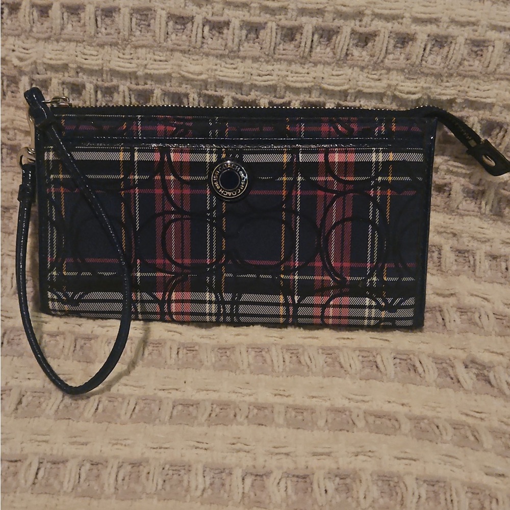 Coach Navy Plaid Signature Wristlet with Pink Accents